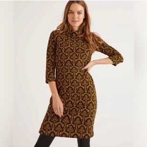 Boden Victoria Black Gold Dress 6L TALL Jacquard Lined Mock Neck 3/4 Sleeves